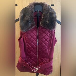 White House Black Market Quilted Wine Vest with Faux Fur Collar
